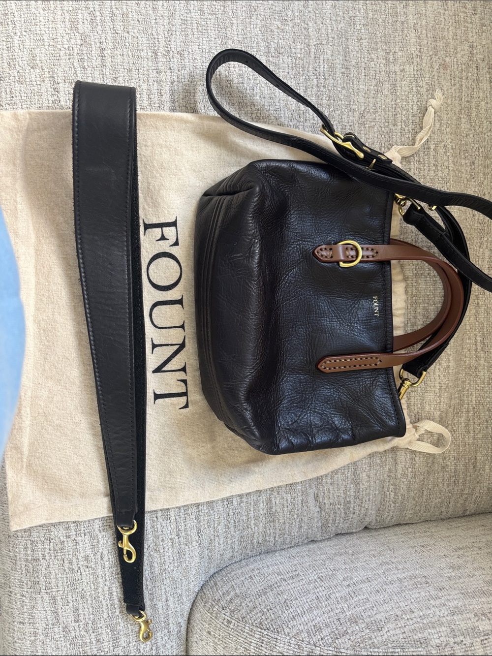 FOUNT Black Leather Crossbody Bag with Brown Top Handles